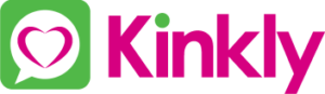 The text "Kinkly" appears in pink, but with the dot of the "i" in green. To the left is a pink heart inside of a white text bubble, which is enclosed inside of a green square.